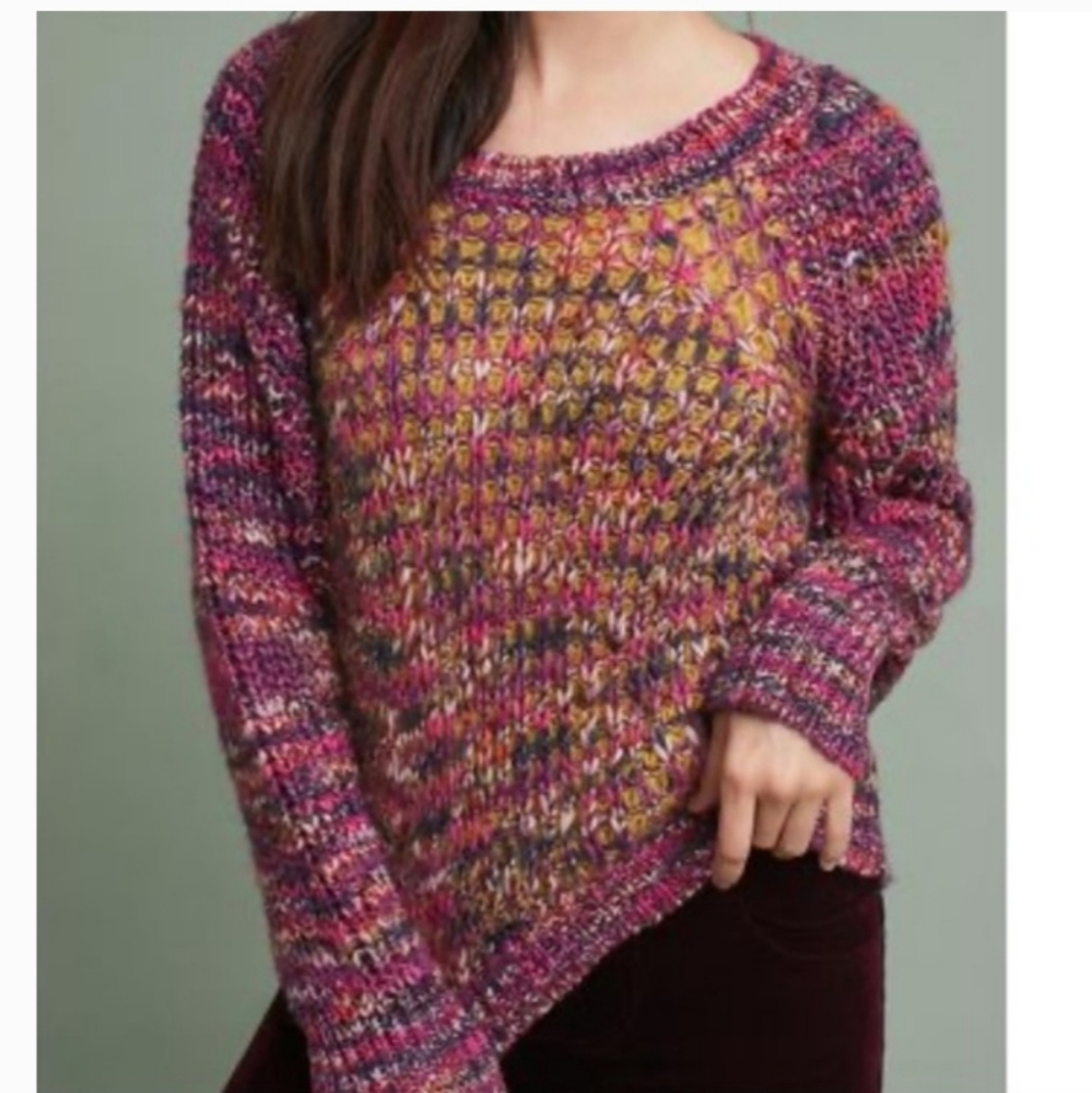 Anthropologie Multicolor Marled Scoop-Neck Sweater in Pink, Yellow, Purple